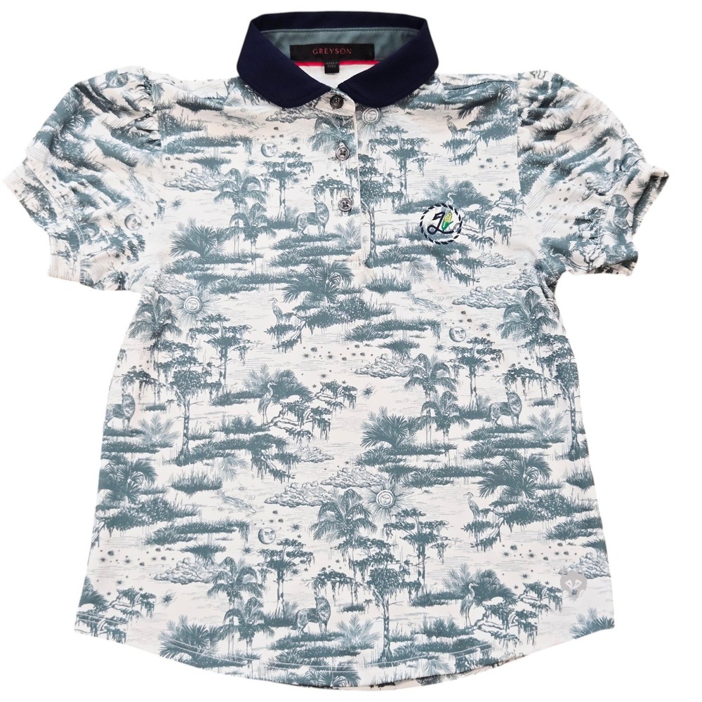 Greyson Girls Size 5 Safari Print Performance Polo‎ Shirt Puff Sleeve Preppy EUC